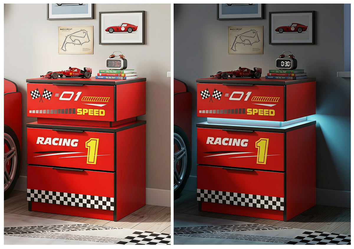 Kids Racing Car 3-Drawer Nightstand with Smart RGB LED Light, App/Remote/Music Sync Bedside Storage Cabinet, Fully KD