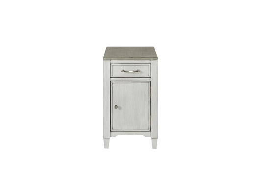 Chairside Cabinet with Drawer, Storage Compartment, USB Charging & Power Outlets – Whitewashed Finish
