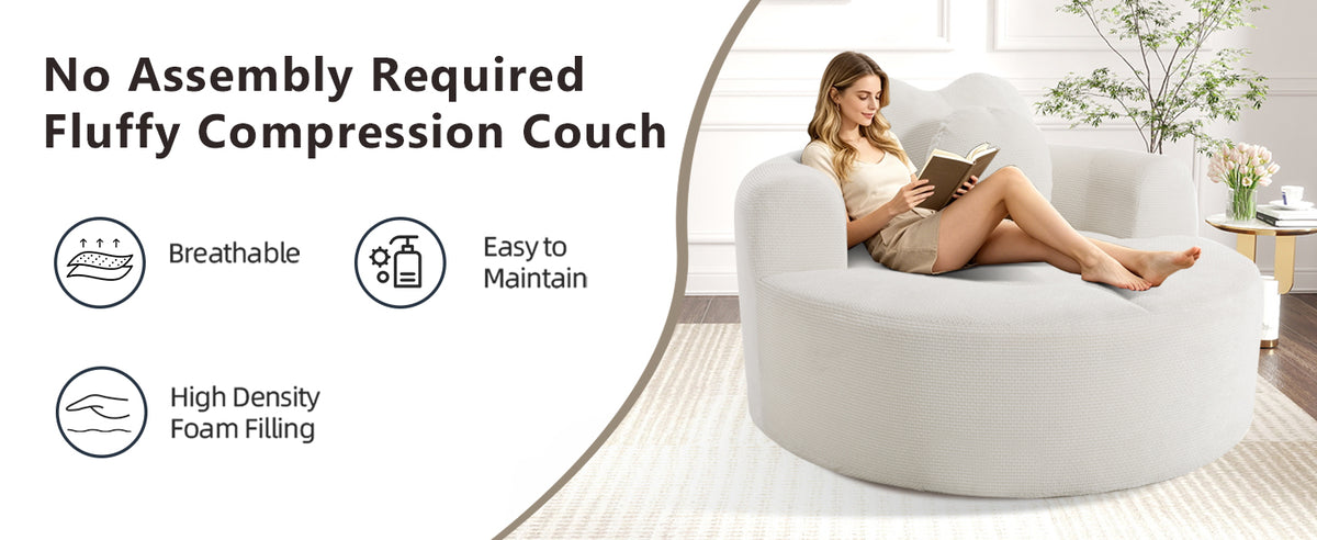 Round Sofa Bed with Memory Foam Sectional Couches for Living Room, Cloud Couch with two pillows, Beige