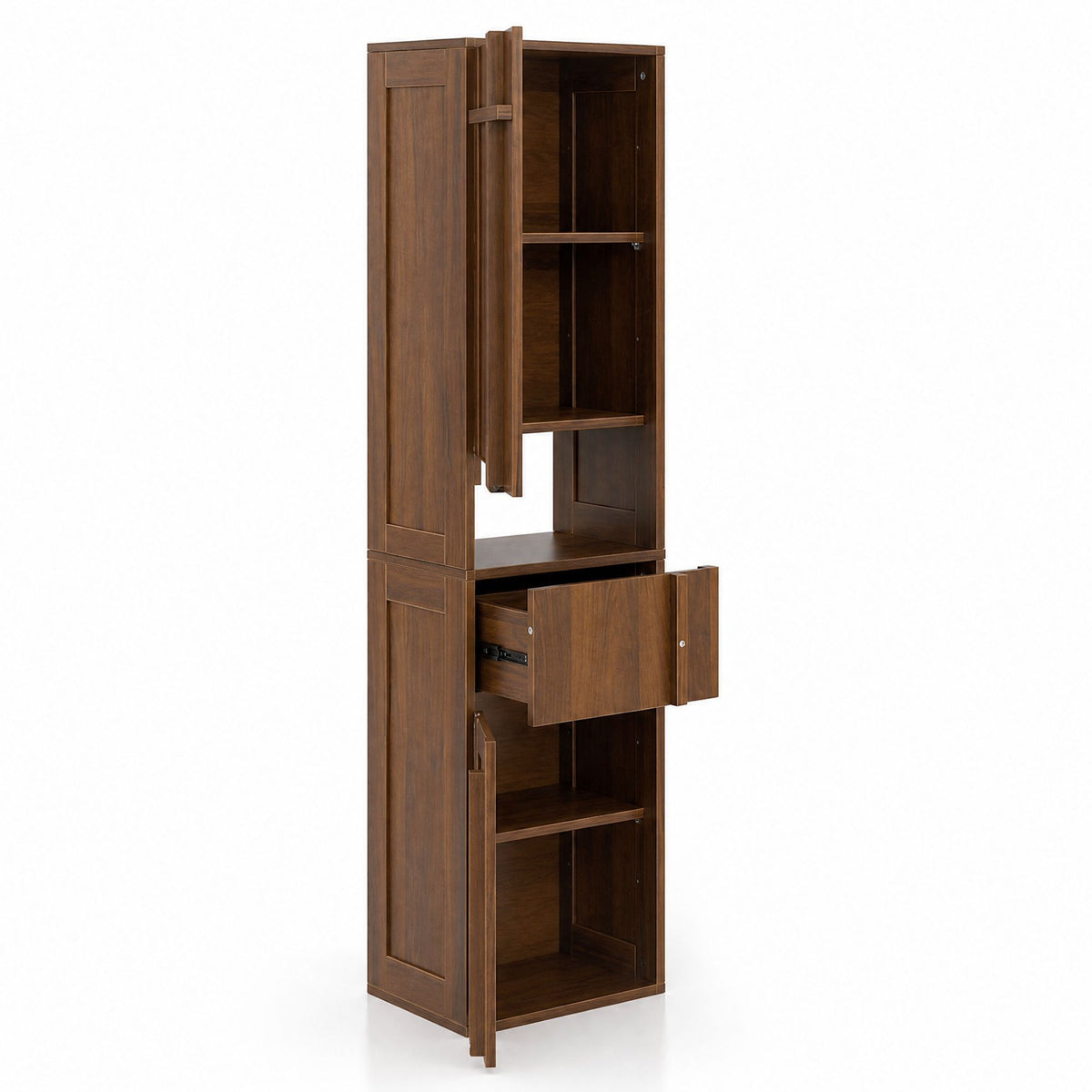 Tall Narrow Storage Cabinet, Wooden Freestanding Bookshelf with Doors & drawer, Slim Display Bookcase for Living Room, Bedroom, Home Office