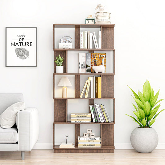 Modern 5-Tier Open Bookshelf in Dark Brown MDF Wood, 31.5" L x 64.56" H Free-Combination Storage Shelving, or Bedroom Decor