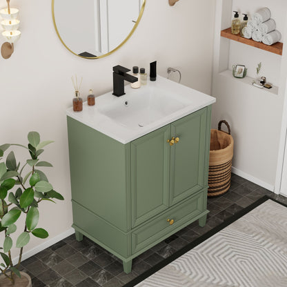 27.8" Modern Bathroom Vanity Set with Reinforced Legs & Painted Surface, Mid-Century Freestanding Bathroom Vanity Sink with Storage, High-end Restroom Vanity Cabinet with Drawer& Hidden Storage Shelvs