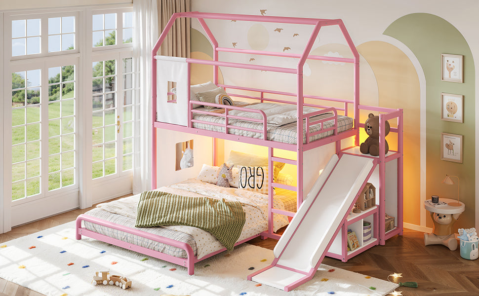 Twin over Full Playhouse Metal Bunk Bed with Slide & Ladder, House Shaped Bunk Bed with LED Light Strip, Privacy Curtain, Movable Storage Cabinet and Hanging Rod, Twin over Full Kids Bunk Bed , Pink