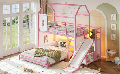 Twin over Full Playhouse Metal Bunk Bed with Slide & Ladder, House Shaped Bunk Bed with LED Light Strip, Privacy Curtain, Movable Storage Cabinet and Hanging Rod, Twin over Full Kids Bunk Bed , Pink
