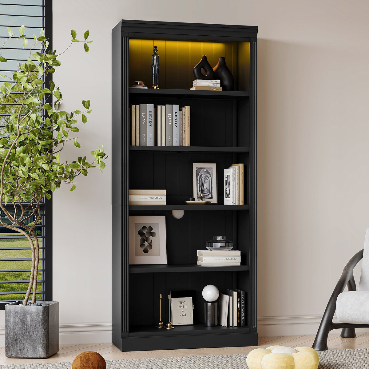 83.4' Tall Wood Bookcase with light strip,5-Tier Decor Bookshelves with Adjustable Shelves,Storage Organizer for CDs/Books/Movies,Free Standing Storage Shelves for Living Room,Home Office,Black