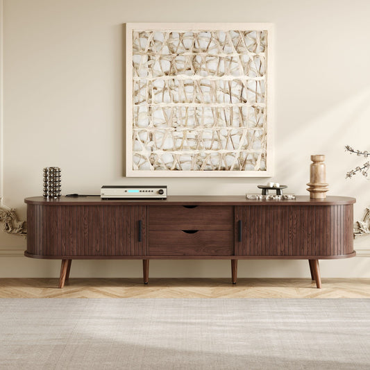 Mid Century Modern TV Stand for 70-Inch TV, Dark Brown MDF & Solid Wood Console with Tambour Doors, Drawers and Built-in Power Outlet
