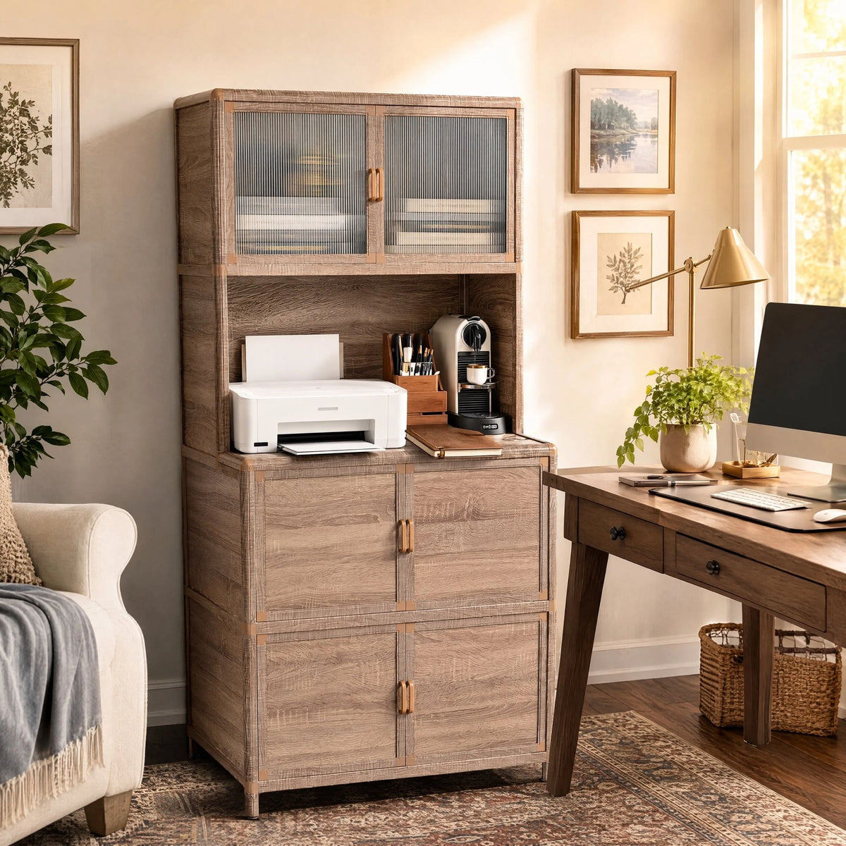 Tall Storage Cabinet, 31.50" W x 19.69" D x 65.75" H, Freestanding Indoor & Outdoor Storage Cabinet with Ribbed Acrylic Doors, 6-Door Utility Cabinet for Kitchen, Entryway, Patio & Garage