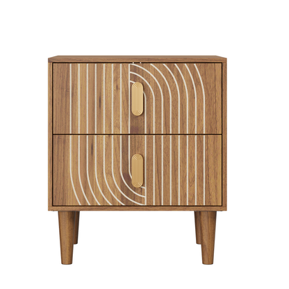 Medieval-style modern bedside table with double drawers for storage and solid wood legs; bedroom side table, bedside storage cabinet, compact bedside table, walnut color.