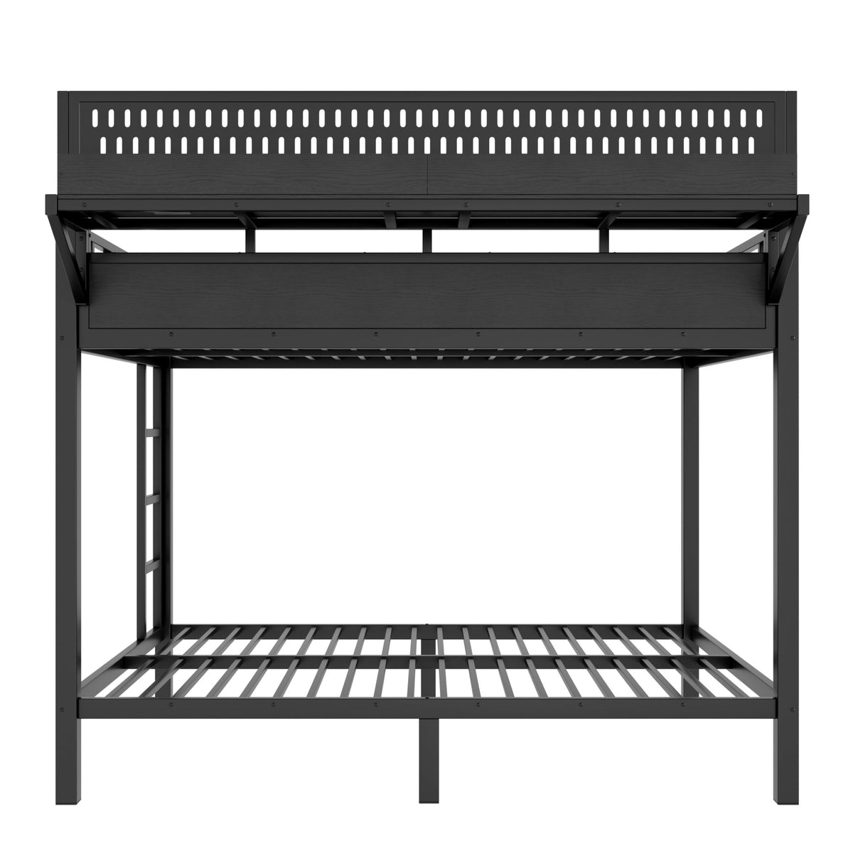 Queen over Queen Size Metal Bunk Bed with Storage Shelves and Pegboard, Bunk Bed Frame with USB Ports and LED Lights, Space-Saving, for Teens and Adults, Black