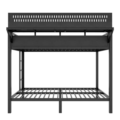 Queen over Queen Size Metal Bunk Bed with Storage Shelves and Pegboard, Bunk Bed Frame with USB Ports and LED Lights, Space-Saving, for Teens and Adults, Black