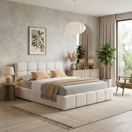 Elegant Beige Chenille Upholstered Bed with Checkerboard Design, Queen