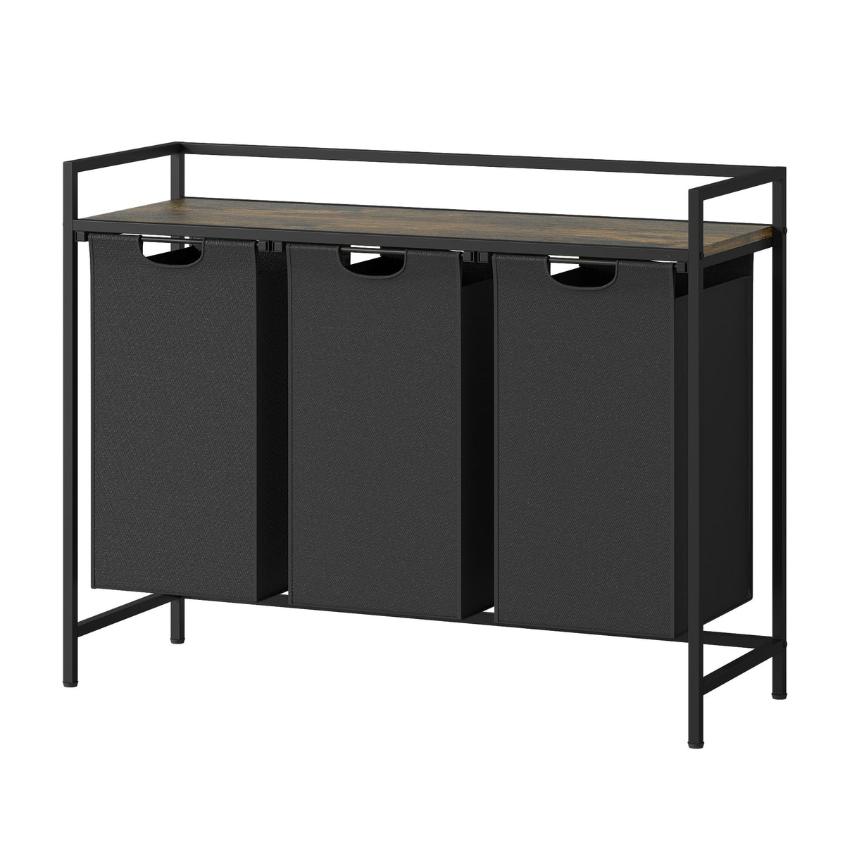 Laundry Hamper with Shelf, 3-Bin Laundry Sorter with Wood Top, Double Hamper with Removable Fabric Bags, Metal Frame, Freestanding Clothes Organizer for Bedroom, Bathroom, or Laundry Room