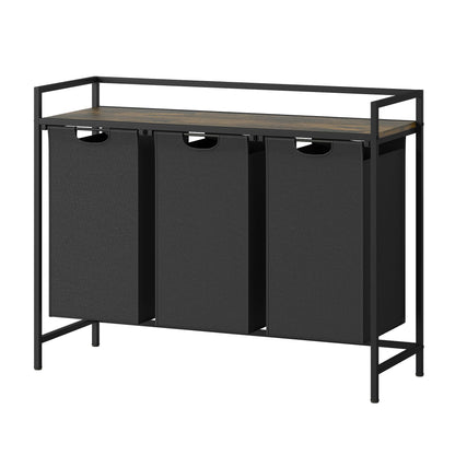 Laundry Hamper with Shelf, 3-Bin Laundry Sorter with Wood Top, Double Hamper with Removable Fabric Bags, Metal Frame, Freestanding Clothes Organizer for Bedroom, Bathroom, or Laundry Room