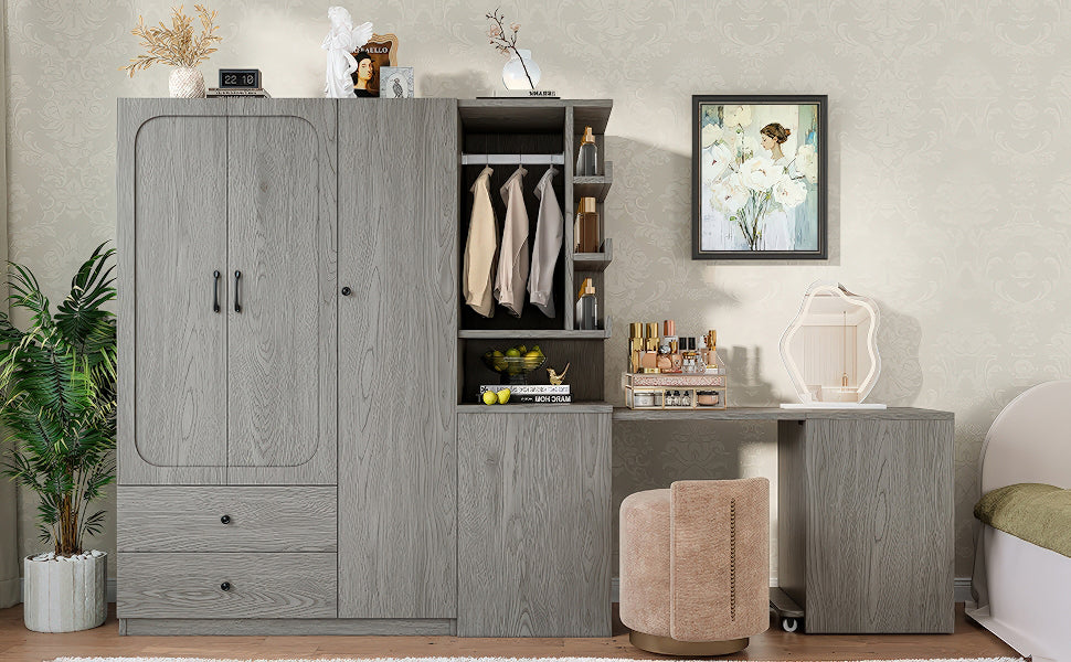 Multifunctional Wardrobe with 2 Doors and Hanging Rod, Wooden clothes closet with Convertible Desk and Storage Drawers – Model W1580S00476