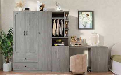 Multifunctional Wardrobe with 2 Doors and Hanging Rod, Wooden clothes closet with Convertible Desk and Storage Drawers – Model W1580S00476