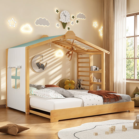 Twin Size House Bed with Twin Size Trundle and Side Shelves, Natural