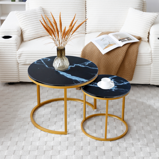 Set 2 Coffee Table Nesting Black top Golden Frame Circular Round and Marble Pattern Wooden Tables, Living Room Bedroom Apartment Modern Industrial Simple Nightstand