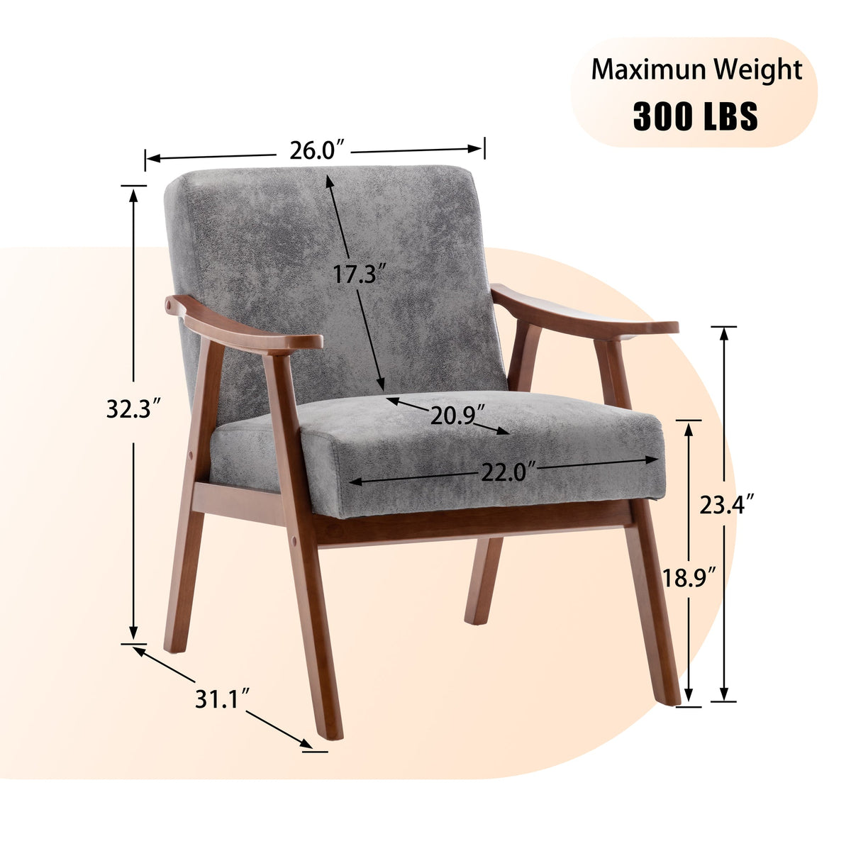 Mid-Century Modern Wingback Accent Chair with Solid Wood Frame and Extra-Thick Backrest - Lounge Chair, or Reading Room – Grey