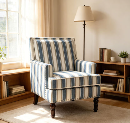 Upholstered Accent Chair, Vintage Armchair with Solid Wood Legs, Blue and White Striped Linen Fabric and Nailhead Trim for Living Room