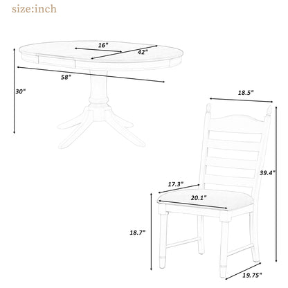 TREXM 5-Piece Retro Functional Dining Table Set Wood Round Extendable Dining Table and 4 Upholstered Dining Chairs (Off White)