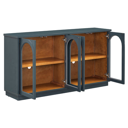 TREXM 4-Door Large Storage Buffet Cabinet with Glass Doors, Arched Cabinet with Adjustable Shelves - Navy