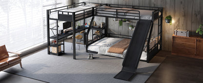 L-Shaped Metal Bunk Bed (Top bed: twin xl, bottom bed: queen) with Single Loft Bed, Desk, and Storage Shelves, USB Charging Port Included - Metal Triple Bunk Bed with Slide,B