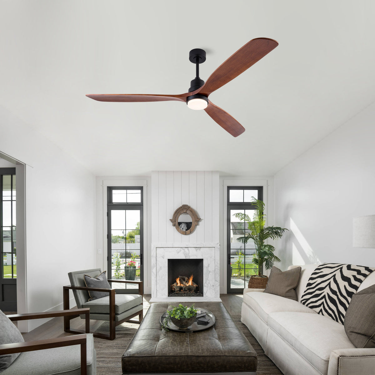 72 Inch Ceiling Fan with LED Light, 3‑Blade Black Walnut Wooden Fan, DC Motor, 6‑Speed & 1/4/8H Timer, Matte Black Iron, For Large Living Room Farmhouse Indoor