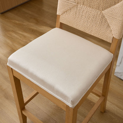 Hand‑Woven Rattan Counter Height Bar Stools Set of 2, 27 Inch Seat Height, Linen Upholstered Barstools with S‑Spring & High‑Density Sponge Cushion, Solid Wood Frame for Kitchen Island,SW1872MT