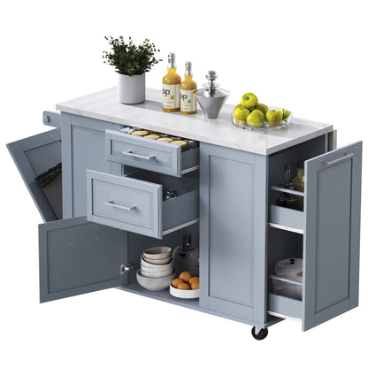 K&K 50.7" Kitchen Island with Storage Tilt Trash Can Cabinet and Pull Out Cabinet Organizer – Blue
