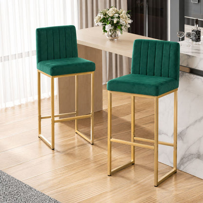 25.6 Inch Counter Height Bar Stools Set of 2 with Velvet Cushion and Back Modern Bar Chairs for Kitchen Island Counter with Metal Leg for Restaurant Dining Room Office, Green and Gold