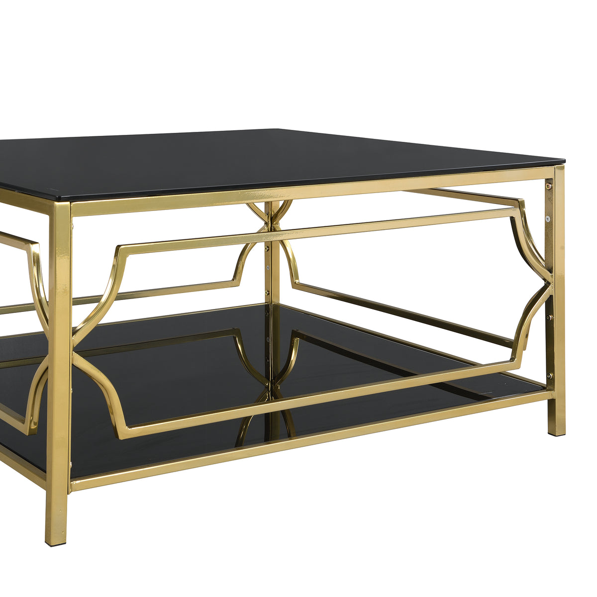 Square Glass Coffee Table in 33.5", Luxurious Geometric Metal Frame, Gold Finish & Lower Shelf