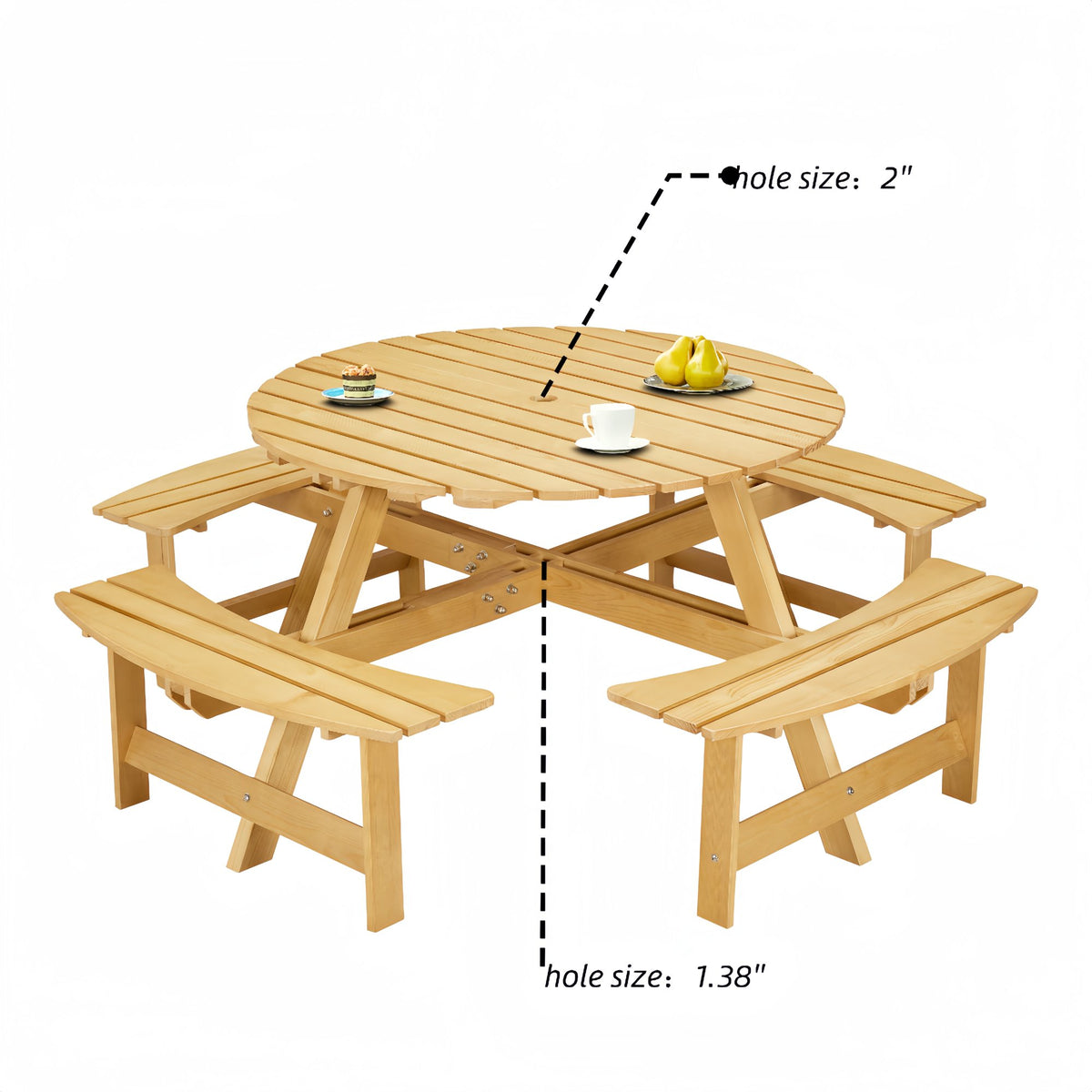 Outdoor 8 Person Picnic Table, 8 person Round Picnic Table with 4 Built-in Benches, Umbrella Hole, Outside Table and Bench Set, Porch