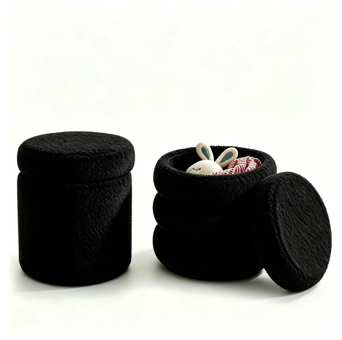 Round Ottoman with Storage Boucle Ottoman (Black)   Storage Removable Lid for Living Room Modern Vanity Sorage Stool Foot Rest Bedroom Set of 2