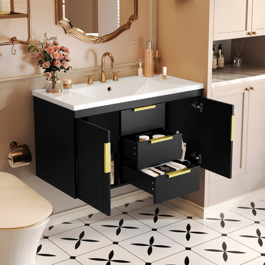 36'' Wall Mounted Bathroom Vanity with Resin Sink, Floating Bathroom Storage Cabinet with 2 Drawers, Solid Wood Bathroom Cabinet