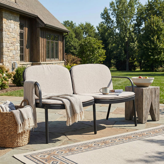 Luna Outdoor Patio PP Loveseat, Black Frame with Beige Cushion