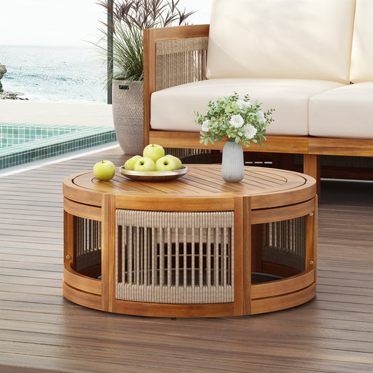27.95' Acacia Wood Outdoor Coffee Table - Handwoven Rope Accent Boho Patio Table with All-Weather Durability