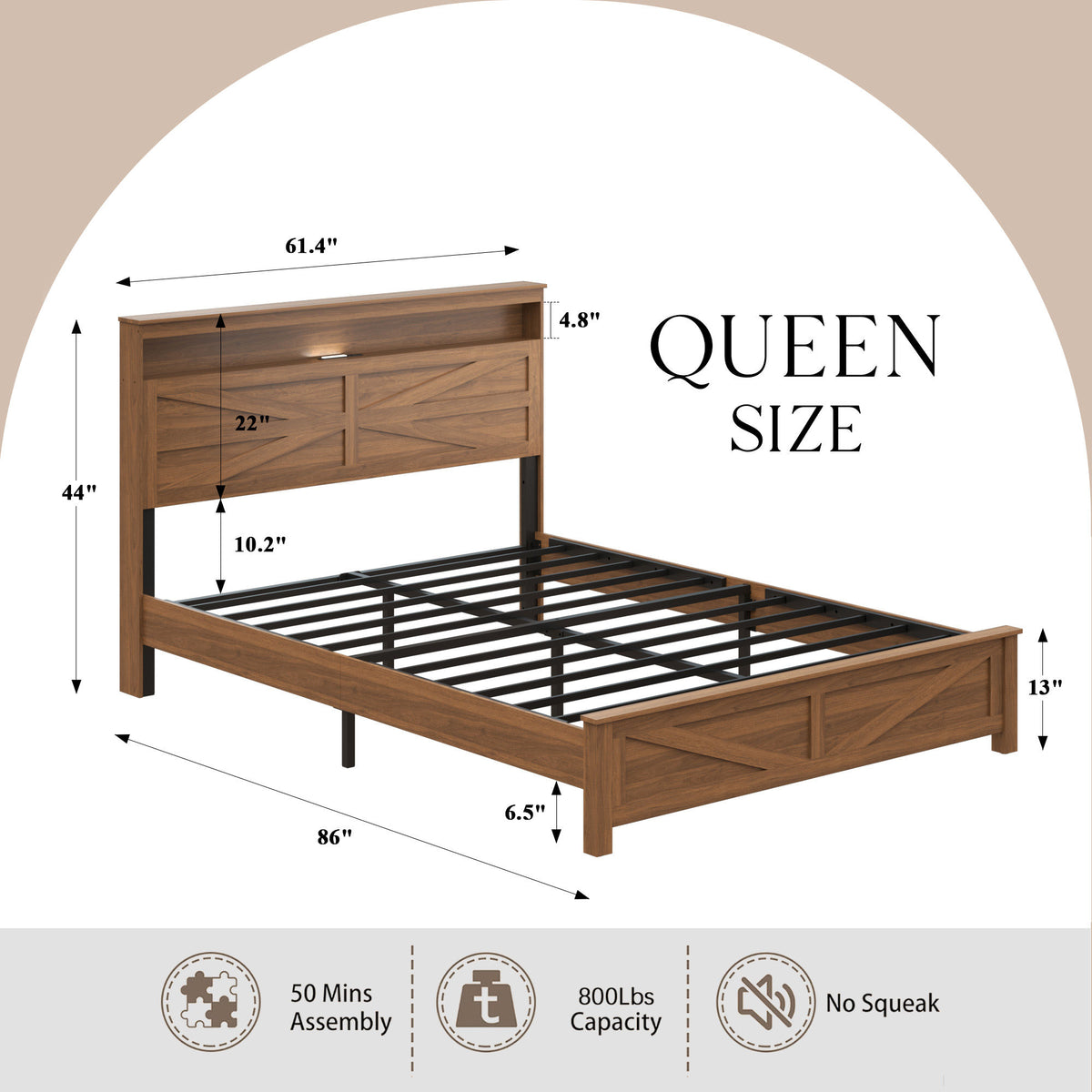 Queen size bed frame headboard with LED lights and charging station cushion platform bed frame, large bed, with headboard and hidden storage space, no box spring required, Antique,Brown