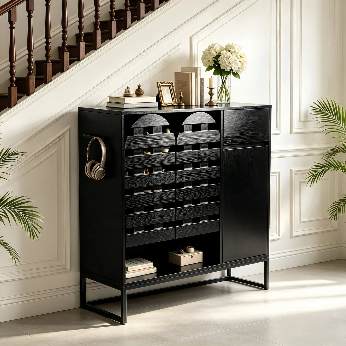 Buffet Cabinet with Storage: 44.49"Black Woven Door Accent Cabinets,with Arched Doors,with Multi layer Adjustable,with Metal Leg,woven door and drawer - for Kitchen Living Dining Room Entryway