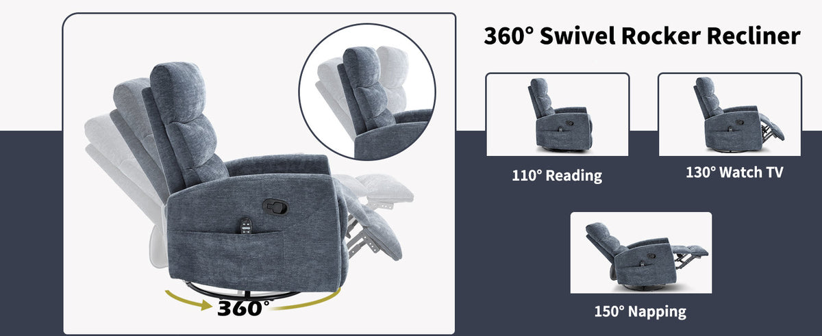 Heat Massage Manual Recliner Chair with Rocker and Swivel in Fabric, Blue – Model W3224P322248