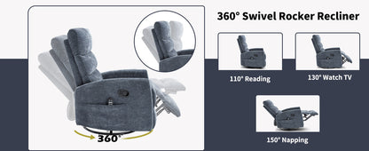 Heat Massage Manual Recliner Chair with Rocker and Swivel in Fabric, Blue – Model W3224P322248