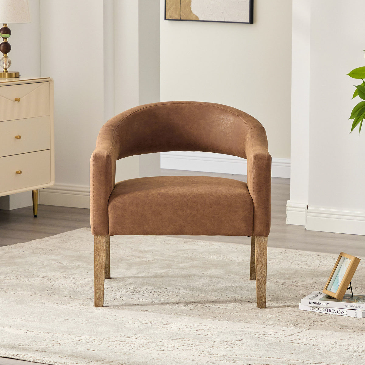 Modern Upholstered PU Open Back Accent Armchair Barrel Dining Chair with Weathered Rubberwood Legs, Hollow-Out Side Club Chair for Living Room Bedroom Restaurant Cafes Dining Room Reception,Brown