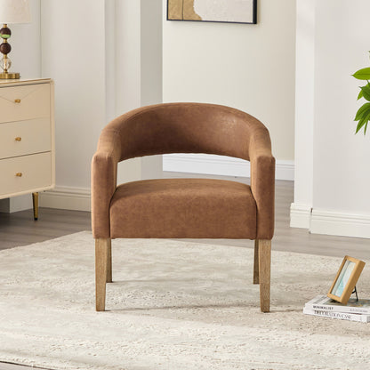 Modern Upholstered PU Open Back Accent Armchair Barrel Dining Chair with Weathered Rubberwood Legs, Hollow-Out Side Club Chair for Living Room Bedroom Restaurant Cafes Dining Room Reception,Brown