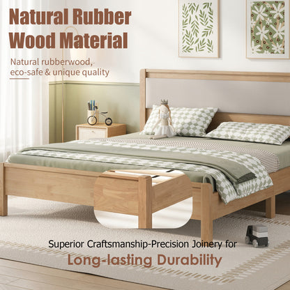 Queen Size, Solid Rubber Wooden Bed with Upholstered Headboard, Reinforced by Central Support Legs,Natural
