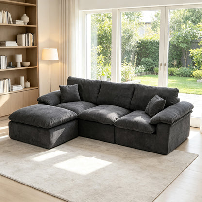 Modular Sectional Sofa, L Shape Cloud Couch with 1 Movable Ottoman, Comfy Chenille Deep Seat Sofa with Soft Pillows for Living Room Apartment (Black)