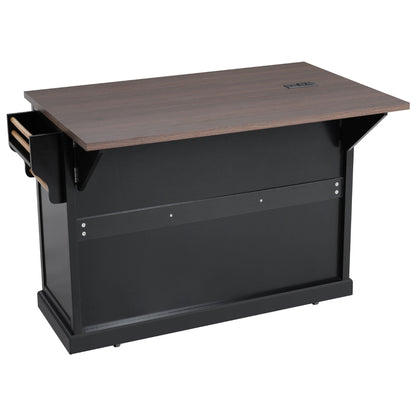 K&K 54.9" Kitchen Island with Drop Leaf, Power Outlet, Kitchen Storage Cart with 4 Door Shelves, Cross Barn Doors & Visual Glass Door – Black