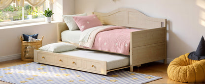 Twin Solid Wood Daybed with Drawer Rolling Trundle, Multi-Purpose Single Sofa Bed for Bedroom Living Room,Natural