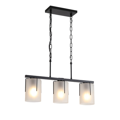Minimalist 3-Light Linear Chandelier, Matte Black Pendant Lighting with Frosted Glass Shades, E26 Base Adjustable Ceiling Fixture