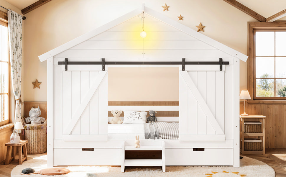 Twin Size Farmhouse Bed with Sliding Barn Door and Light Bulb, Wood house Bed Frame with Stair and Drawers, White