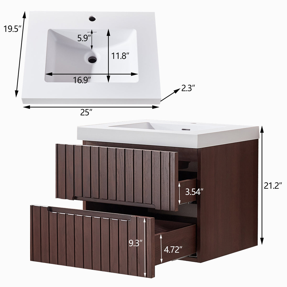 24' Wall Mounted & Floating Single Dark Walnut Bathroom Vanity with Acrylic Integrated White Basin, Pre-assembled Plywood Cabinet With 2 Drawers