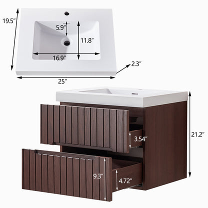 24' Wall Mounted & Floating Single Dark Walnut Bathroom Vanity with Acrylic Integrated White Basin, Pre-assembled Plywood Cabinet With 2 Drawers